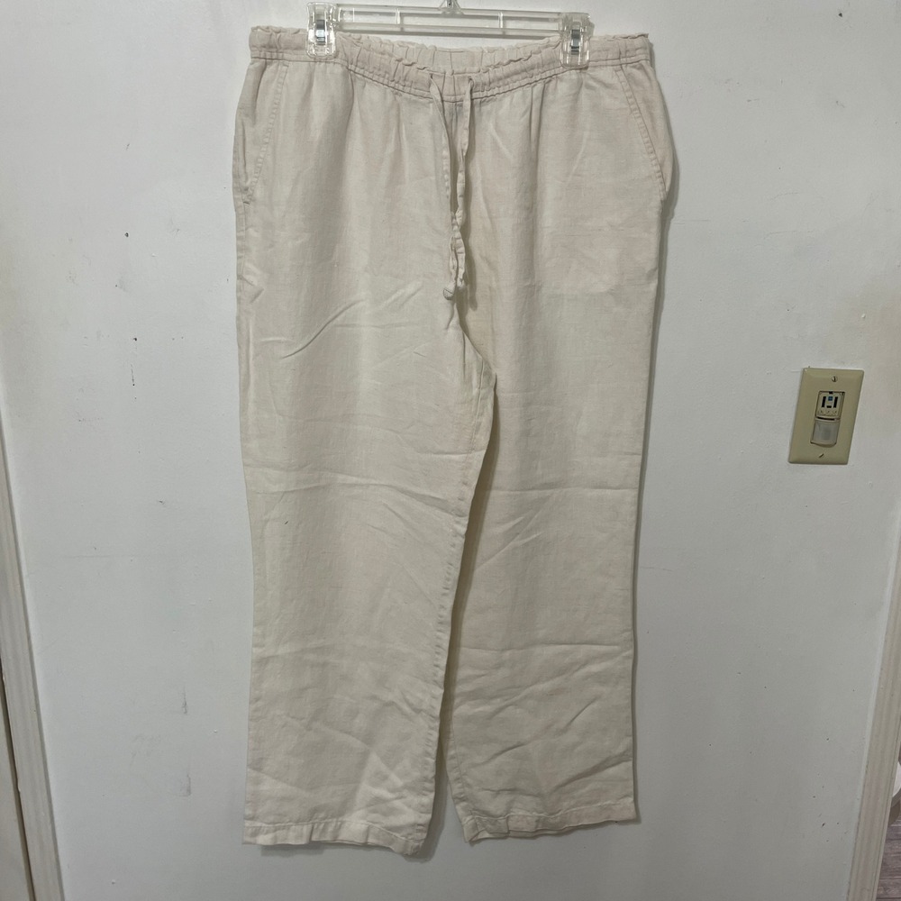 Style & Co Womens Large Cream 100% Linen Wide Leg Drawstring Elastic Waist Pants